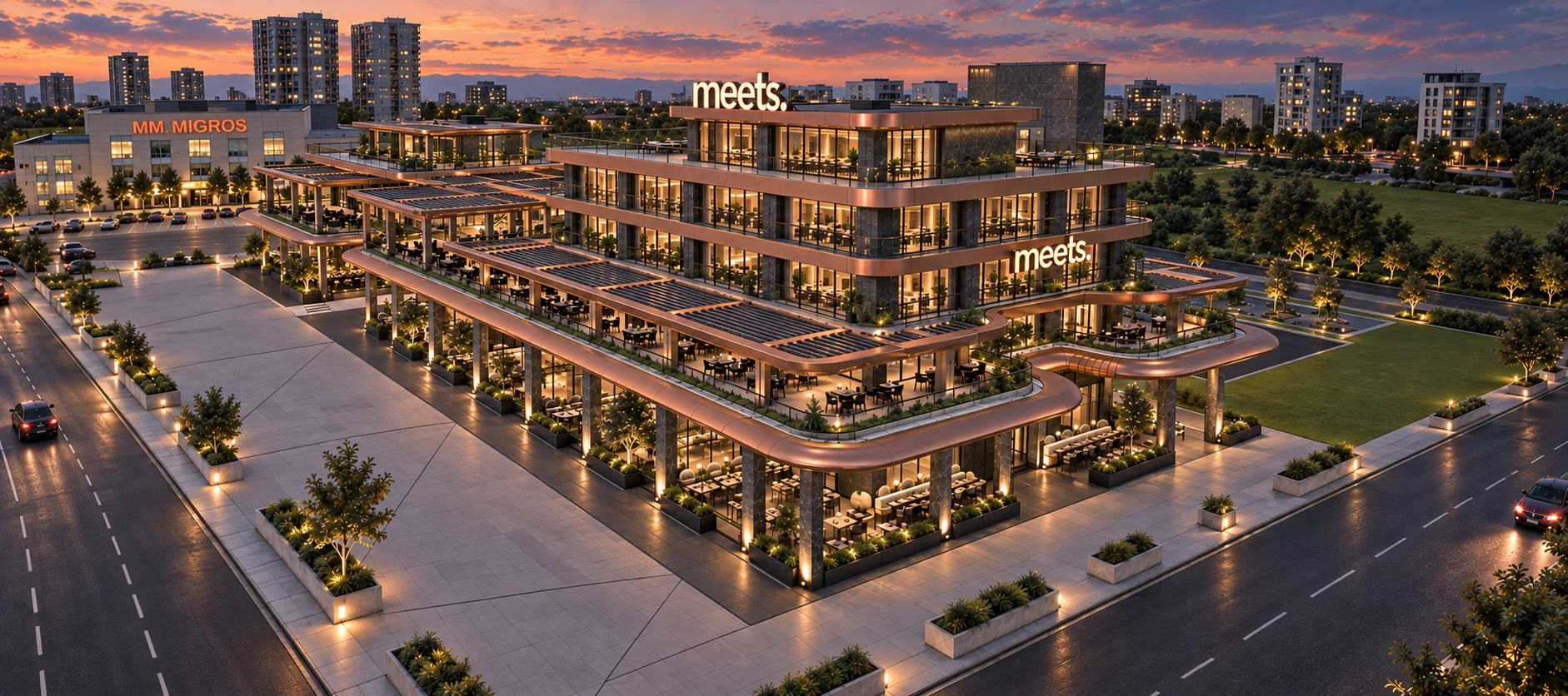 Aerial sunset view of the Meets Incek mixed-use project